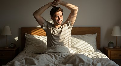 Мужчина потягивается сидя в кровати
